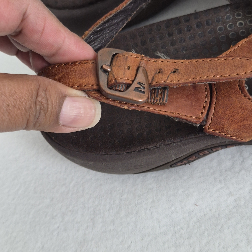 Merrell Agave Autumn Sz 7 Tan Leather Strappy Sandals Outdoors Crunchy Walking - Picture 7 of 8